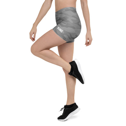 Model wearing Steel Camo Lioness training shorts, lifestyle angle