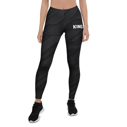 Front view of KING Lioness Tactical Apex Leggings — Black Edition with minimal KING logo.