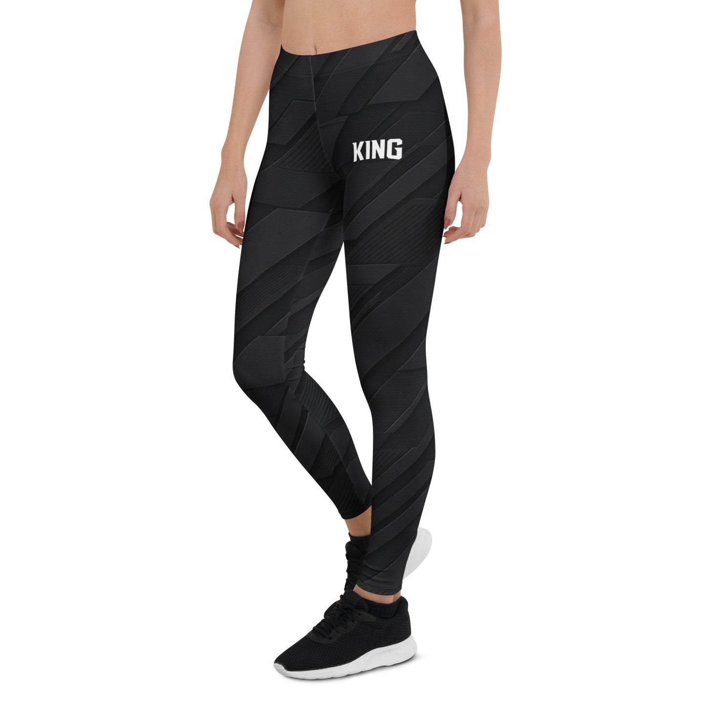 KING Lioness Tactical Apex Leggings — Black Edition, front angled view with high-waist fit and tactical black texture.