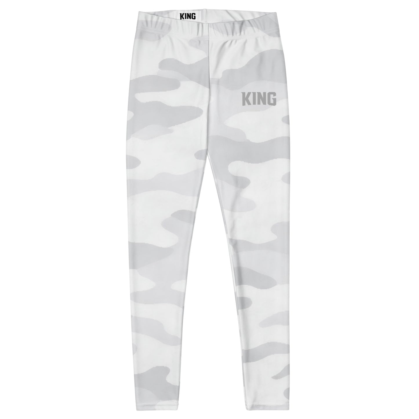 Front flat lay of KING Lioness White Camo Leggings, women's athletic leggings with clean white camouflage design