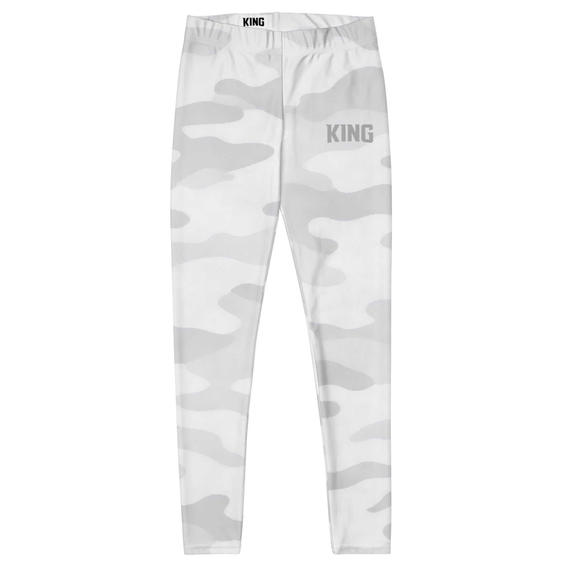 Front flat lay of KING Lioness White Camo Leggings, women's athletic leggings with clean white camouflage design