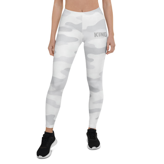 KING Lioness White Camo Leggings – premium women's athletic leggings with light camouflage pattern and minimalist KING logo