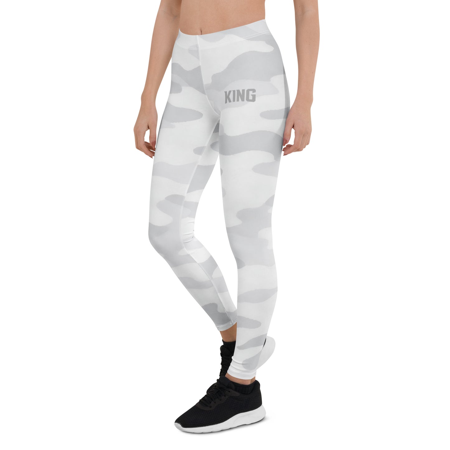 Side view of KING Lioness White Camo Leggings, high-waisted performance leggings with subtle white camouflage texture