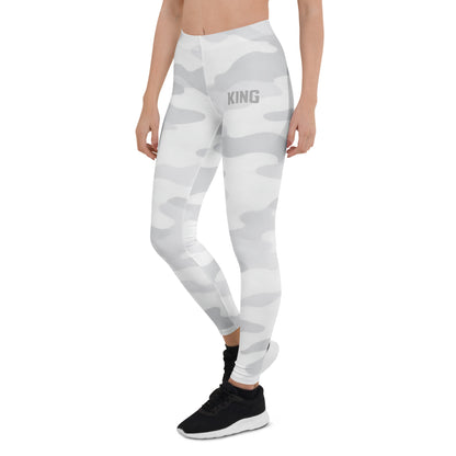 Side view of KING Lioness White Camo Leggings, high-waisted performance leggings with subtle white camouflage texture