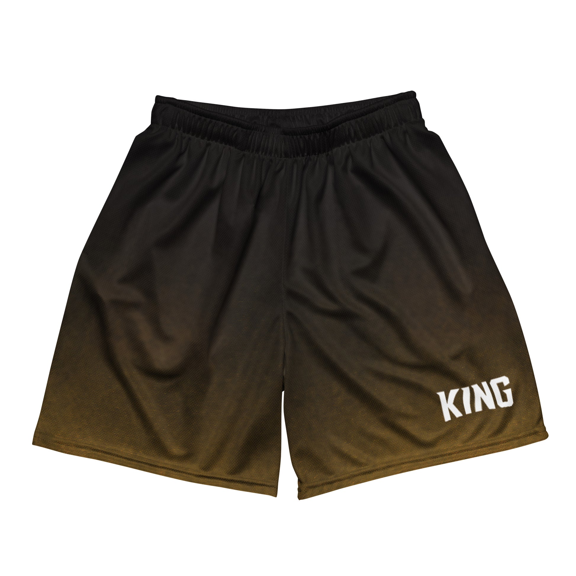 Angled view of KING Mesh Shorts with black and gold fade texture