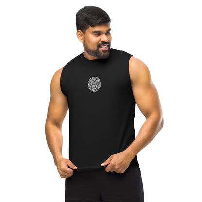 Athletic model wearing KING Muscle Tank black — geometric lion chest emblem