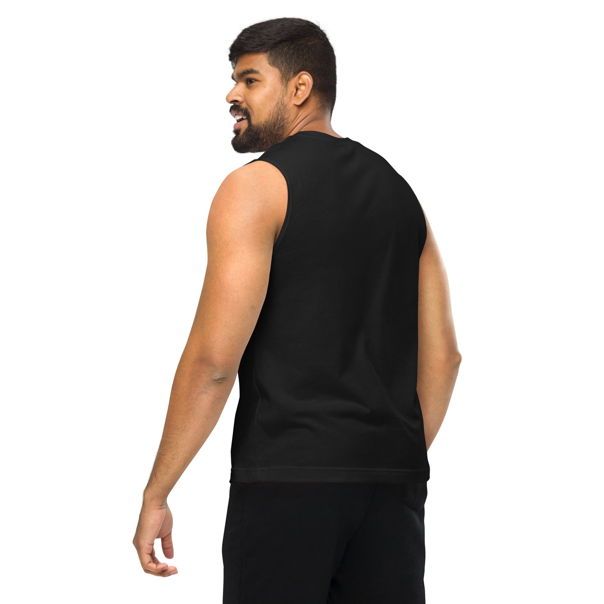 Athletic model wearing KING Muscle Tank black back view — geometric lion chest emblem