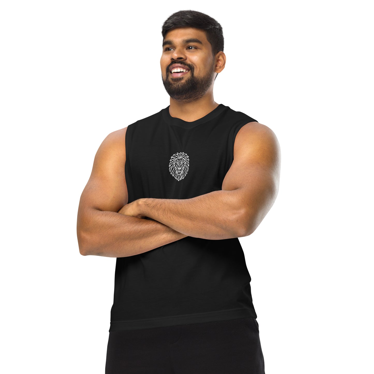 Athletic model wearing KING Muscle Tank black — geometric lion chest emblem
