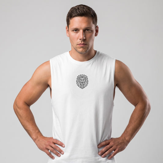 Male model wearing white KING Muscle Tank with hands on hips