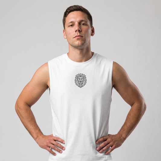 Male model wearing KING Muscle Tank in white - front view