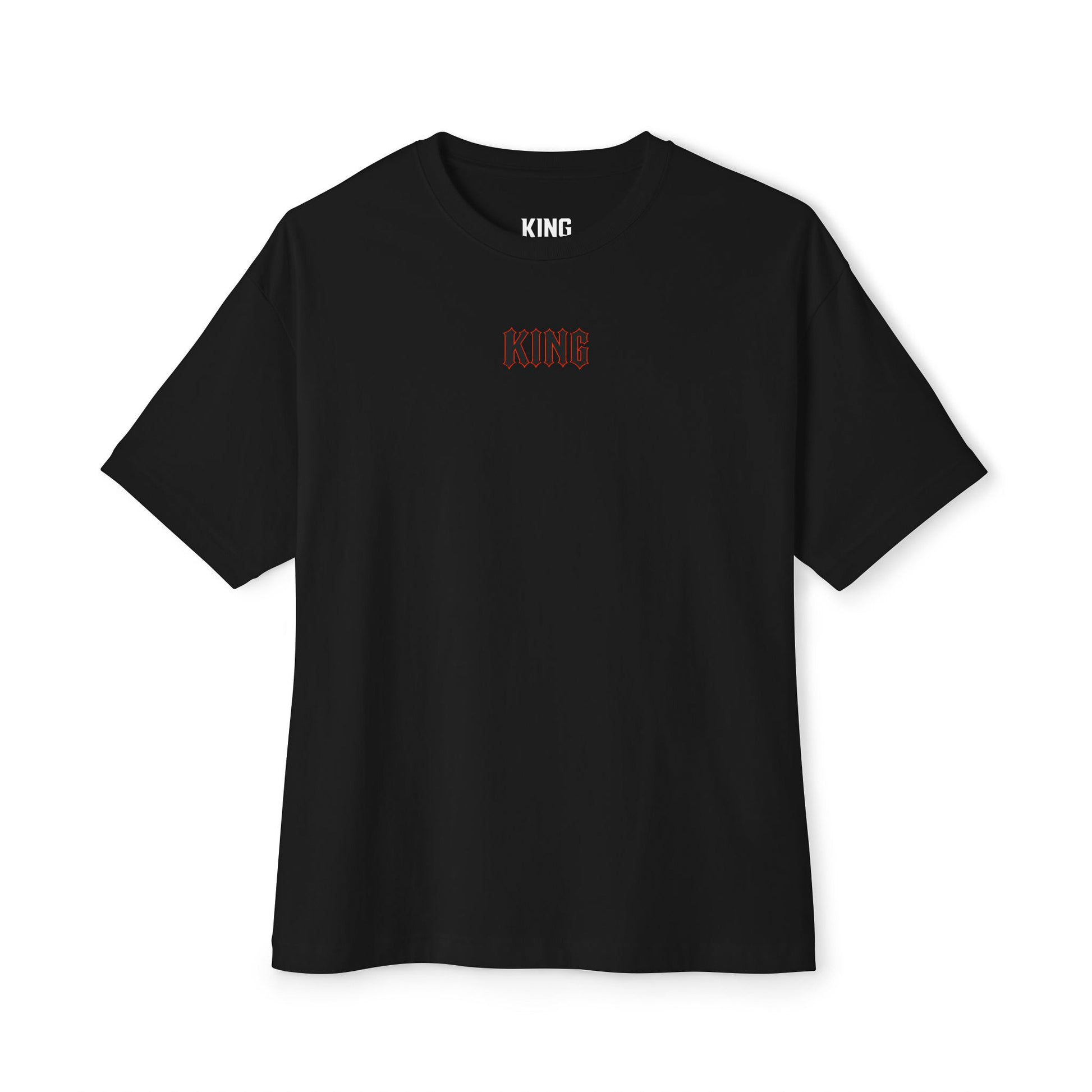 KING Oversized Tee Black minimal chest logo fire edition