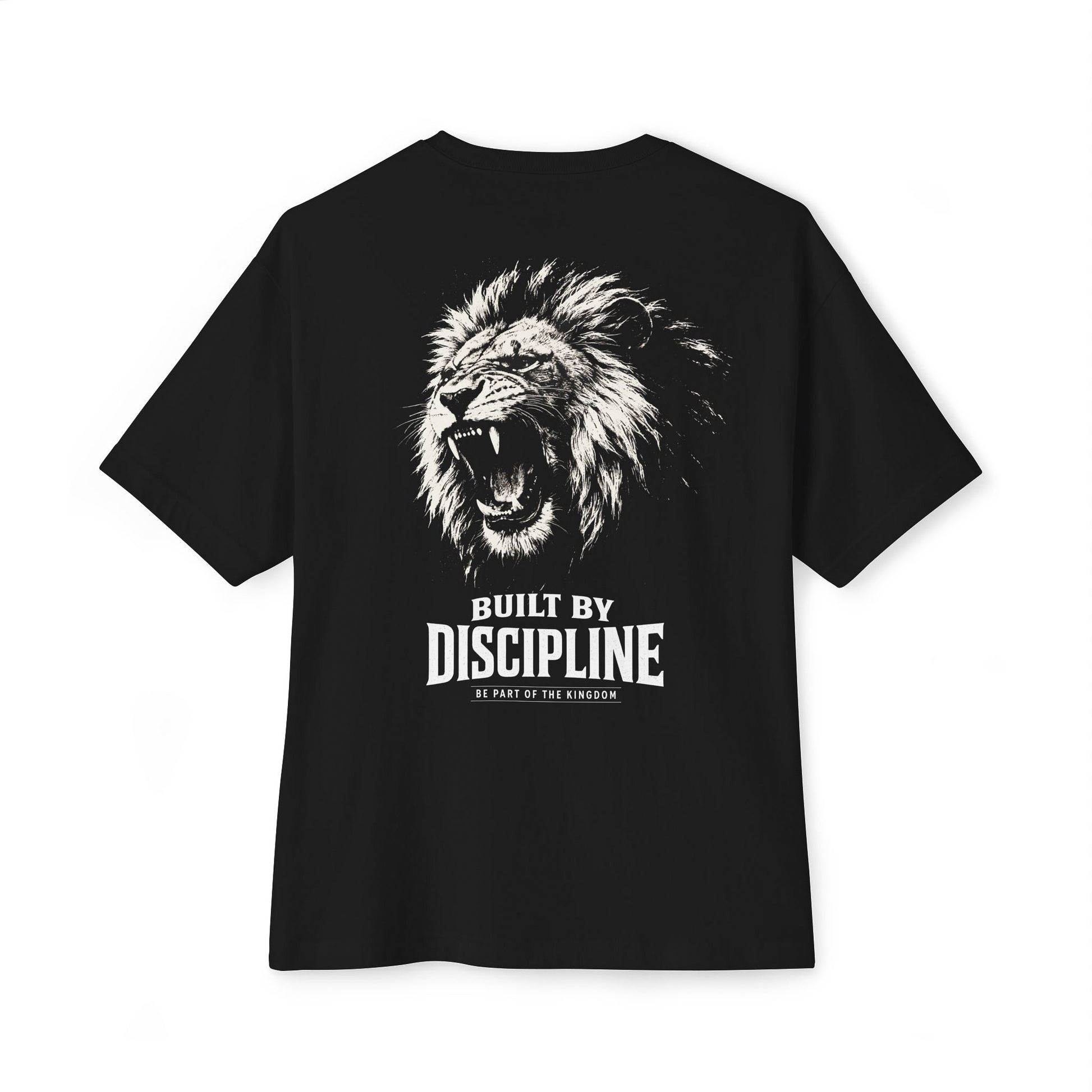 Back view of KING Oversized Tee in black featuring roaring lion artwork and “Built by Discipline” statement print