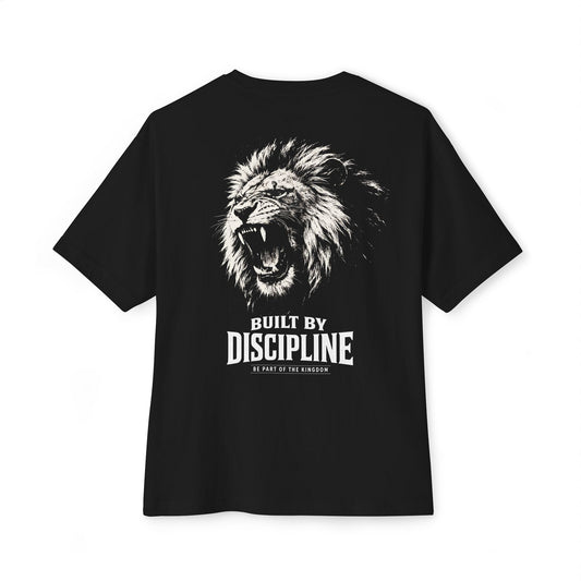 Back view of KING Oversized Tee in black featuring roaring lion artwork and “Built by Discipline” statement print