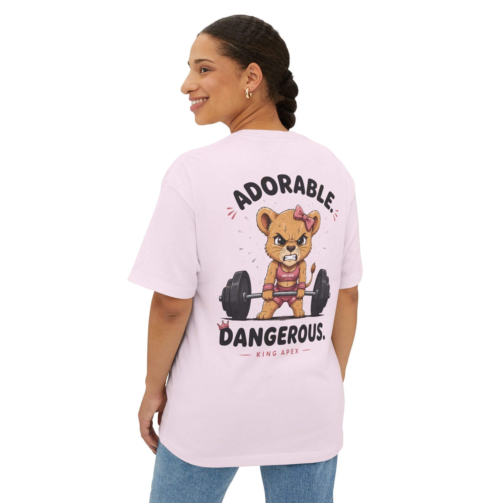 Female model wearing KING lioness oversized tee gym design back print