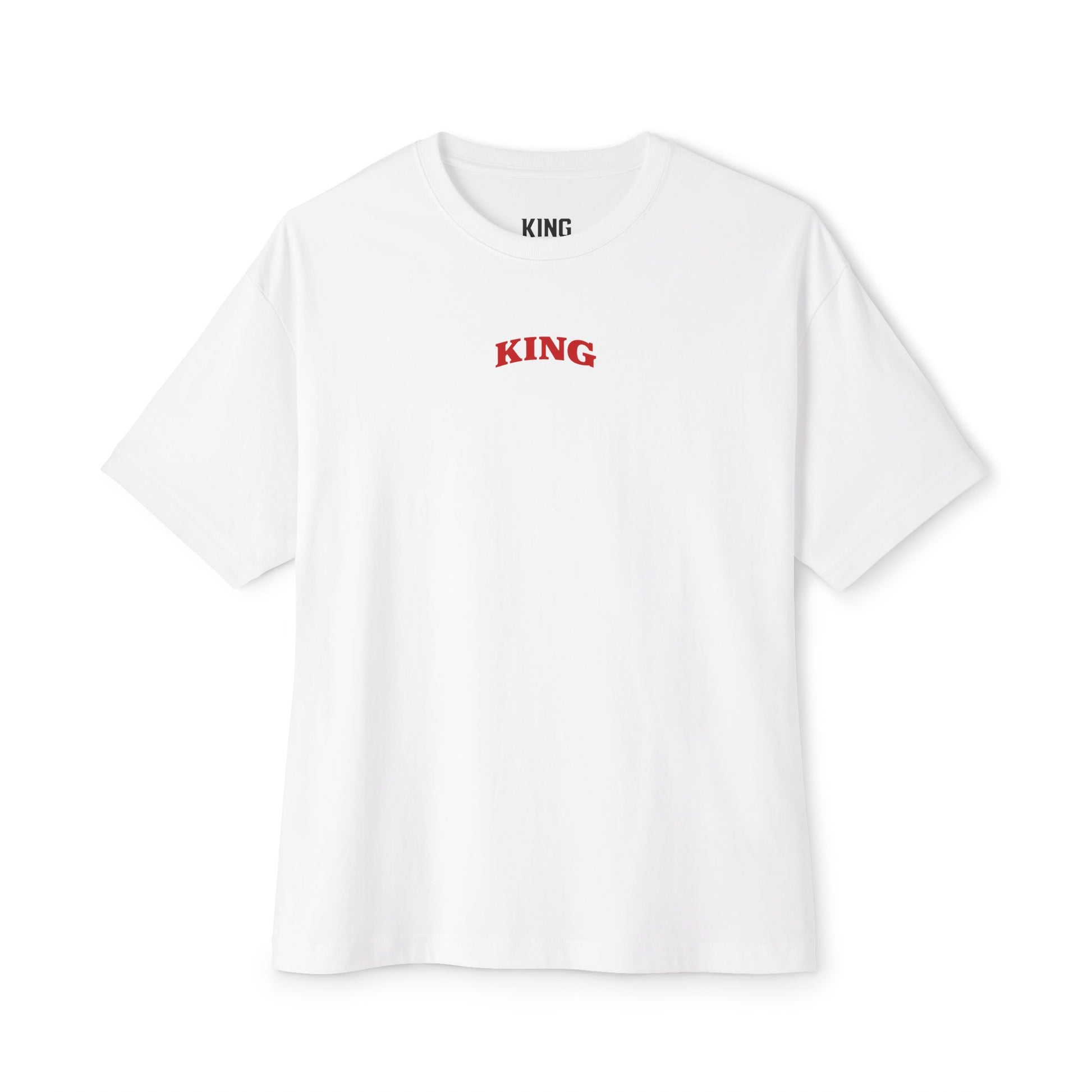 Minimal front chest detail of the KING Oversized Tee — White (Queen’s Bulk Edition) in premium oversized fit.