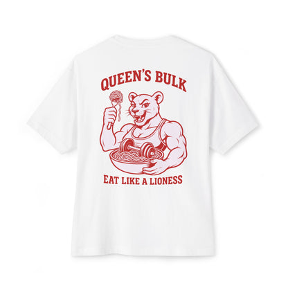 KING Oversized Tee — White (Queen’s Bulk Edition) featuring red vintage-style lioness illustration and “Eat Like a Lioness” artwork on the back.