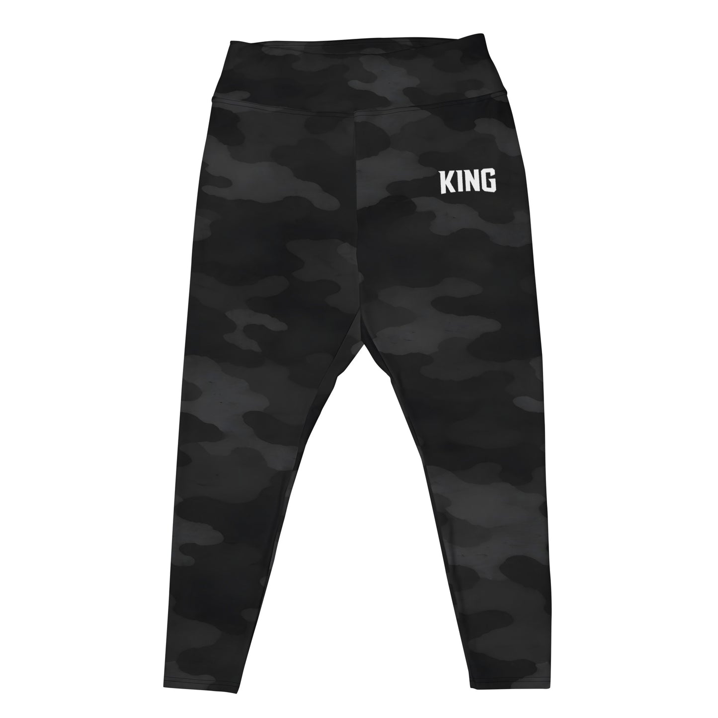 Flat lay of KING Shadow Camo plus size performance leggings