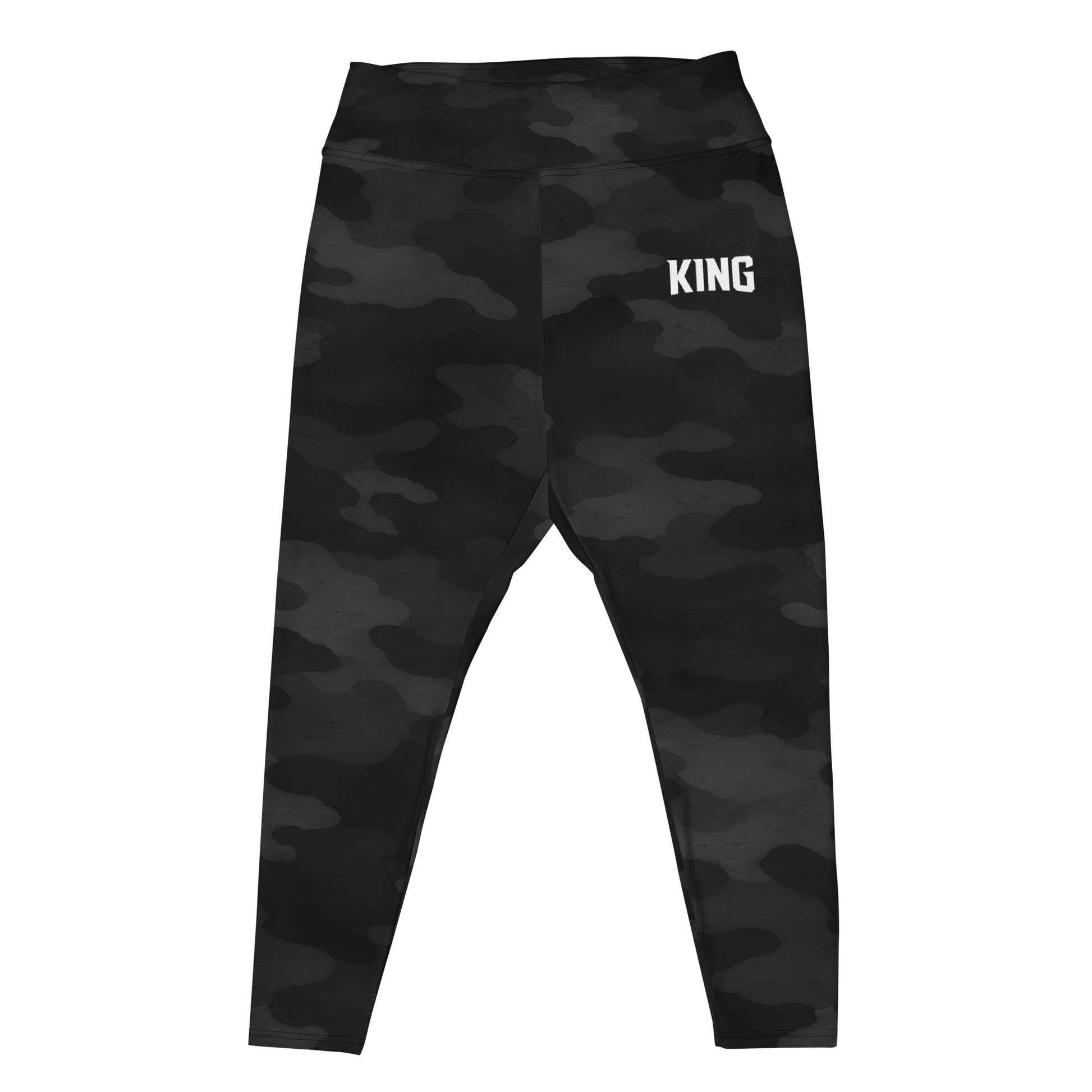 Flat lay of KING Shadow Camo plus size performance leggings