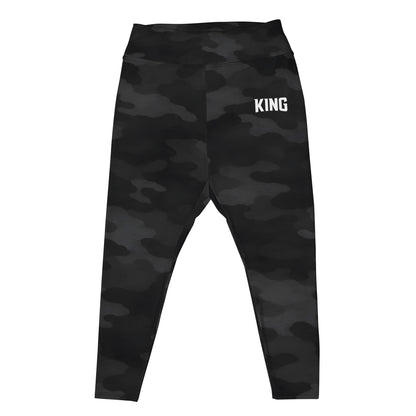 Flat lay of KING Shadow Camo plus size performance leggings
