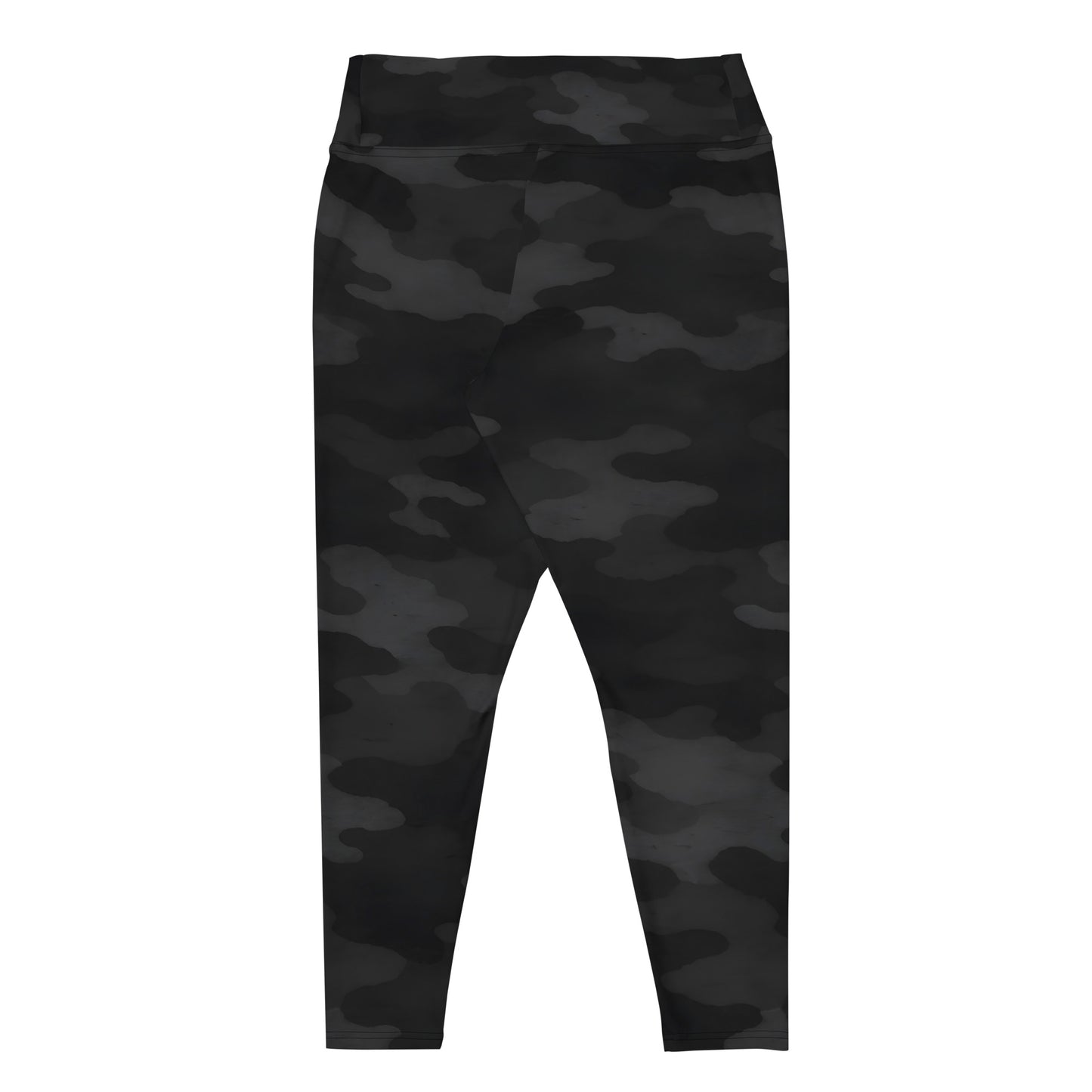 Flat back lay of KING Shadow Camo plus size performance leggings