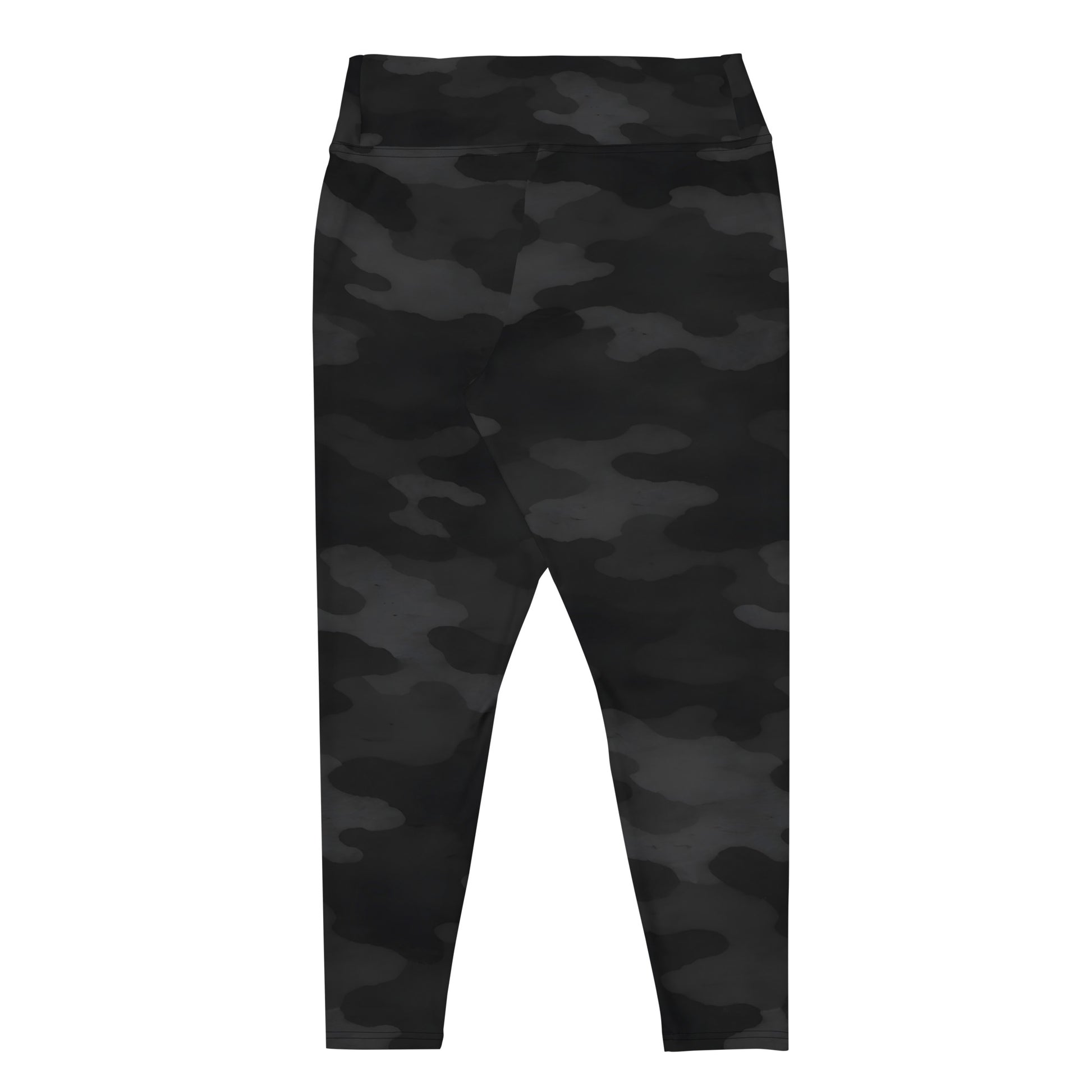 Flat back lay of KING Shadow Camo plus size performance leggings