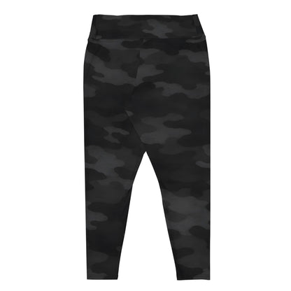 Flat back lay of KING Shadow Camo plus size performance leggings