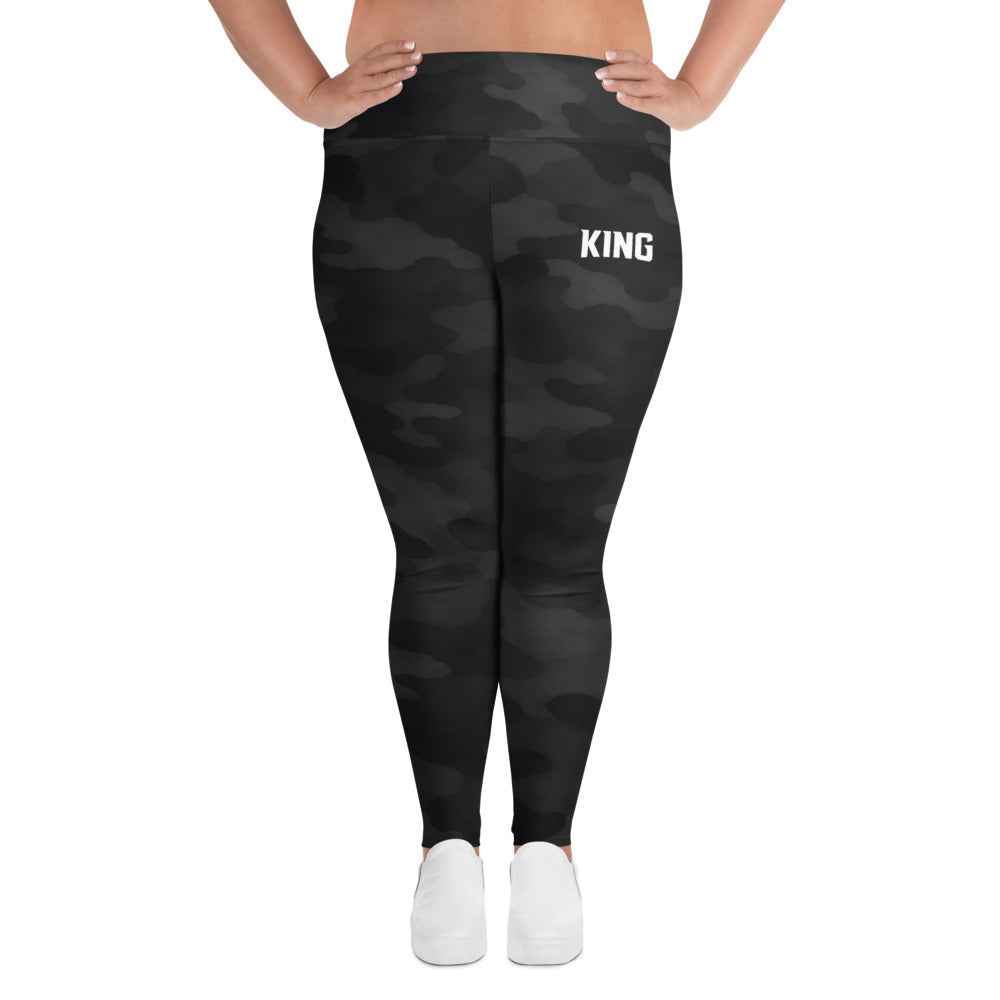 Plus size model wearing KING Shadow Camo high-waist leggings, front view