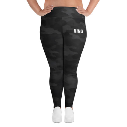 Plus size model wearing KING Shadow Camo high-waist leggings, front view