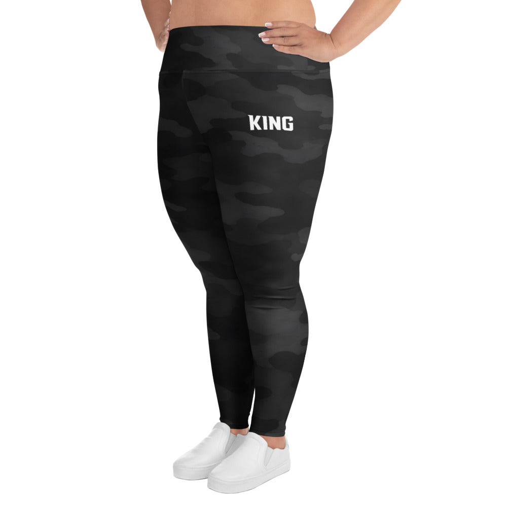 Side view of KING Shadow Camo plus size leggings showing stretch fit