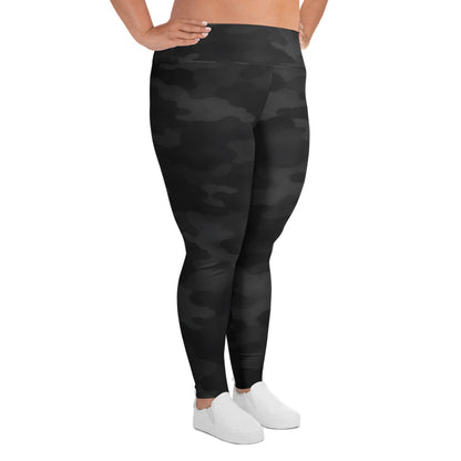 Side view of KING Shadow Camo plus size leggings showing stretch fit