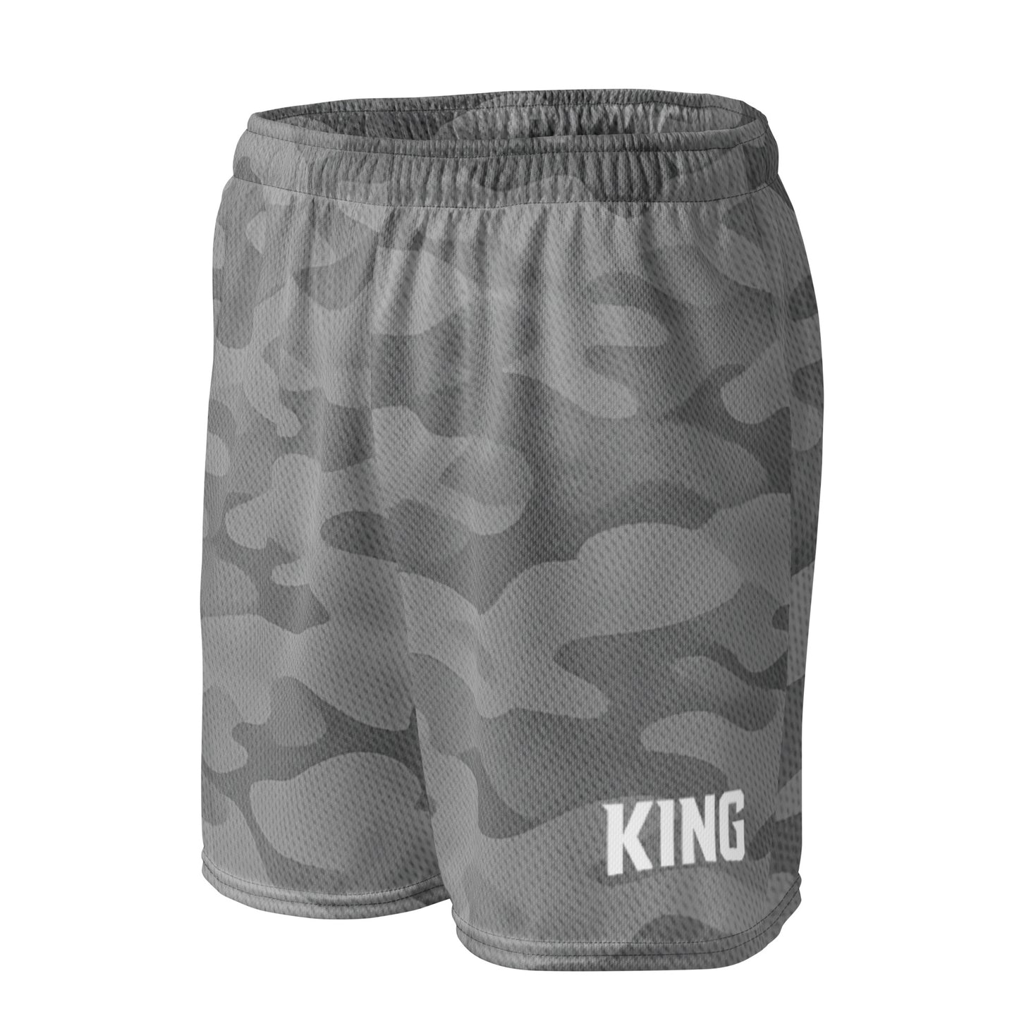 Flat lay front view with KING logo — Shadow Gray Camo Mesh Shorts