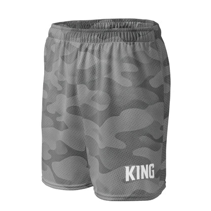Flat lay front view with KING logo — Shadow Gray Camo Mesh Shorts