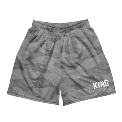 Flat lay front view with KING logo — Shadow Gray Camo Mesh Shorts
