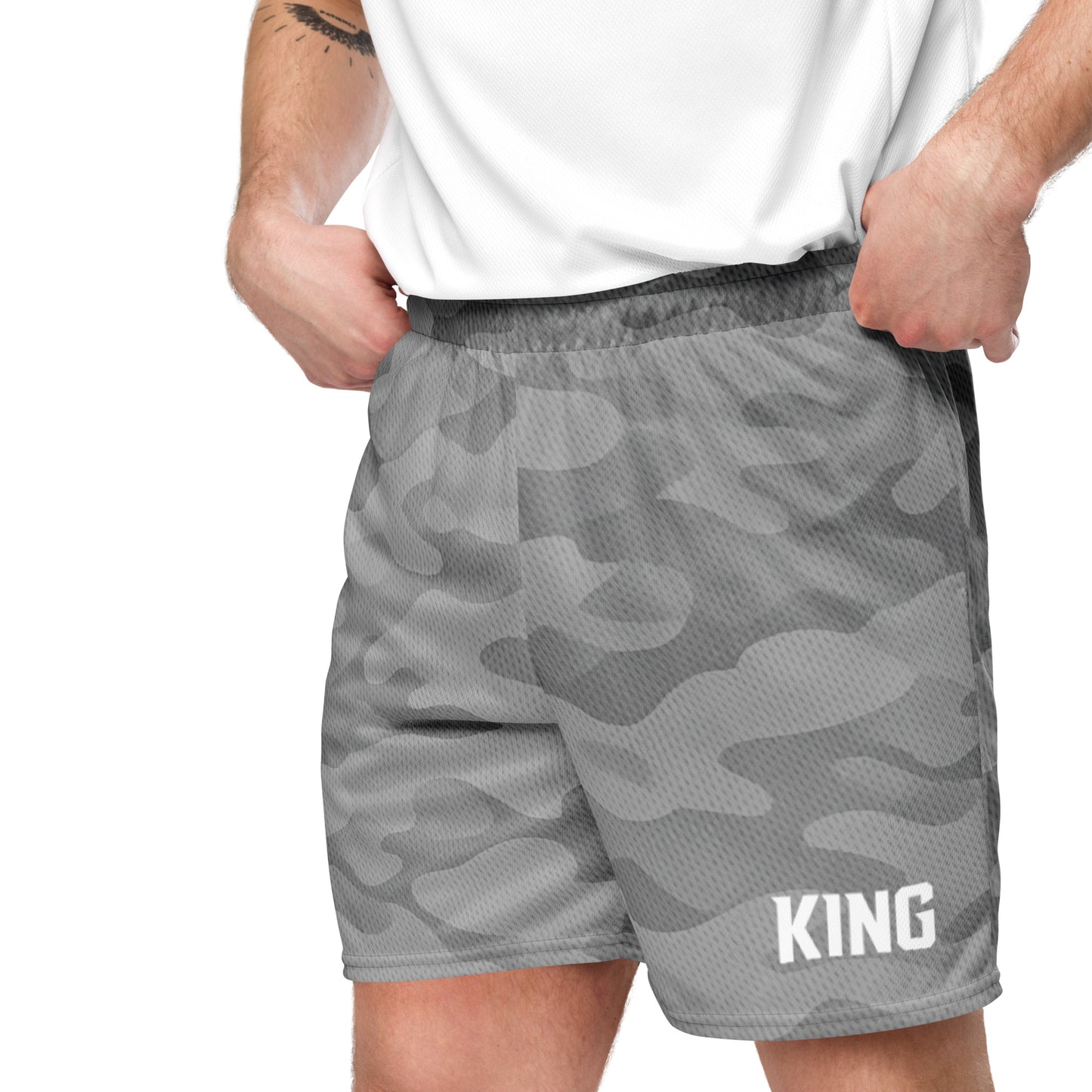 Model wearing KING Camo Mesh Shorts — lifestyle front standing pose
