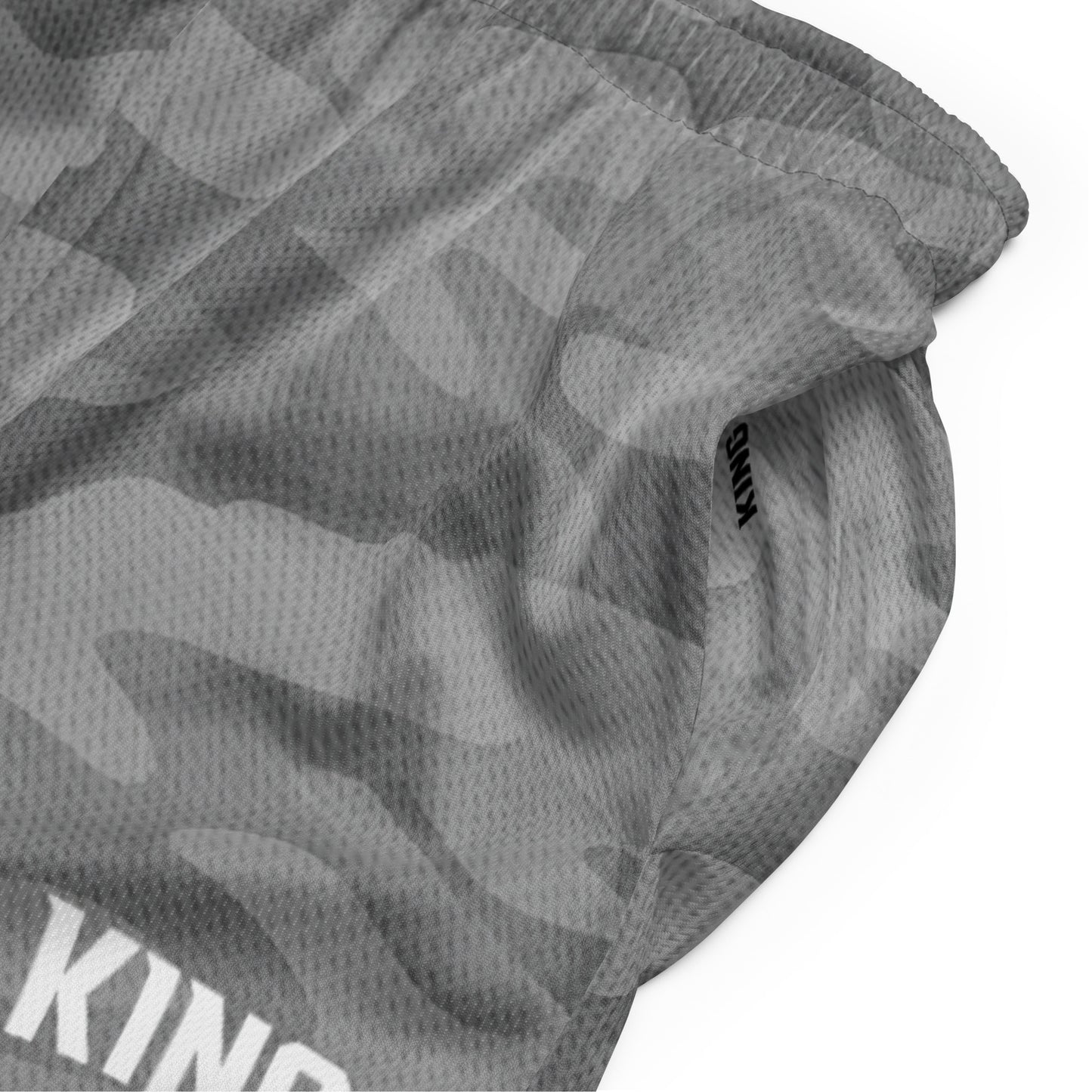 Pocket opening and inner KING branding detail — Shadow Gray Camo Mesh Shorts