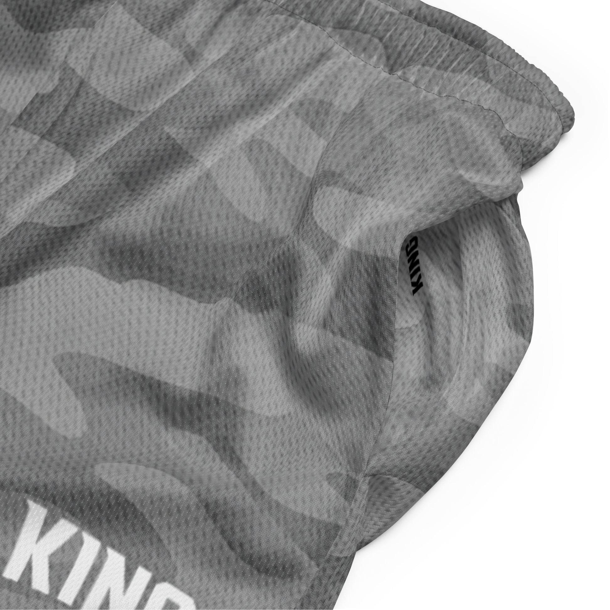 Pocket opening and inner KING branding detail — Shadow Gray Camo Mesh Shorts
