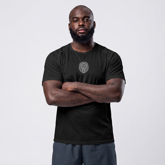 Front view of a male model wearing the KING APEX black sports jersey with geometric lion graphic.