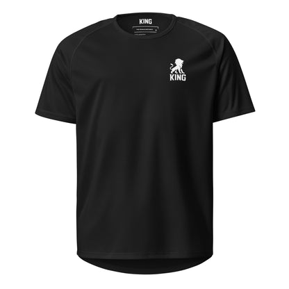 Product mockup of the black KING Sports Jersey with minimal lion chest logo – front view.