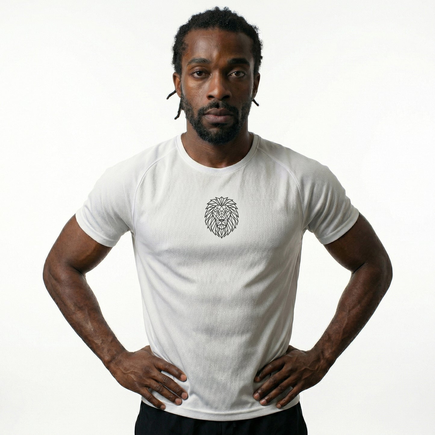 Male model wearing the KING white sports jersey with geometric lion chest emblem — front view.