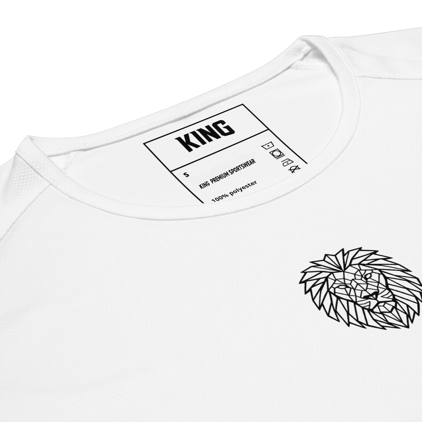 Close-up details of the KING white sports jersey — inside neck label and geometric lion chest emblem.