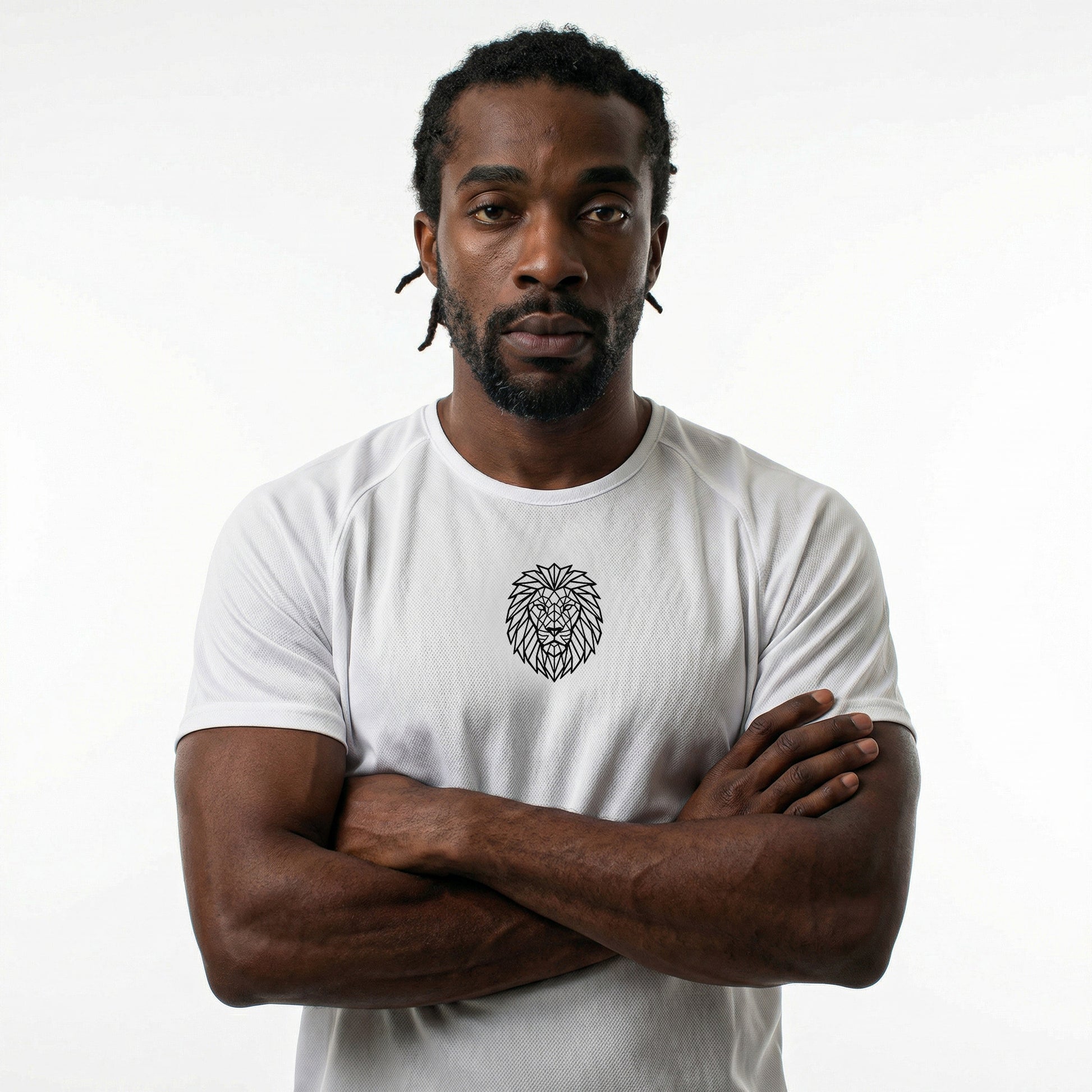 Male model wearing KING Sports Jersey White featuring geometric lion logo, premium athletic performance wear