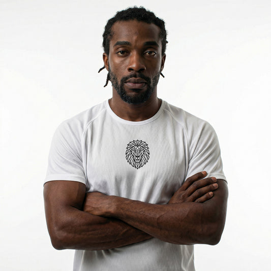 Male model wearing KING Sports Jersey White featuring geometric lion logo, premium athletic performance wear