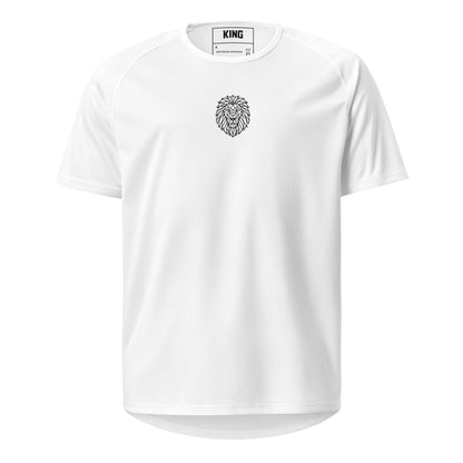 Front view of the KING white sports jersey featuring the geometric lion emblem.