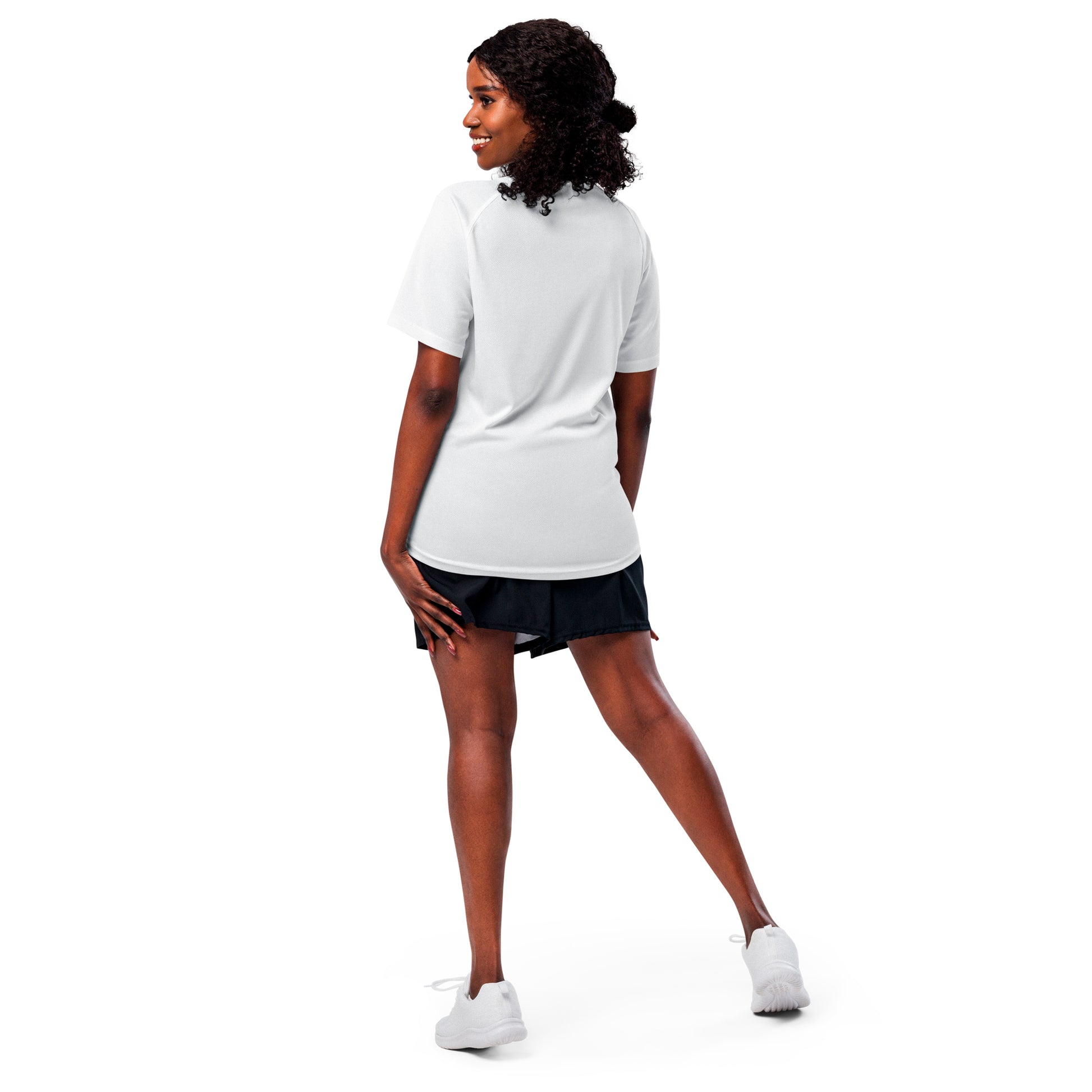 Back view of the KING White Geometric Lioness Jersey featuring clean minimalist detailing for women’s performance wear.