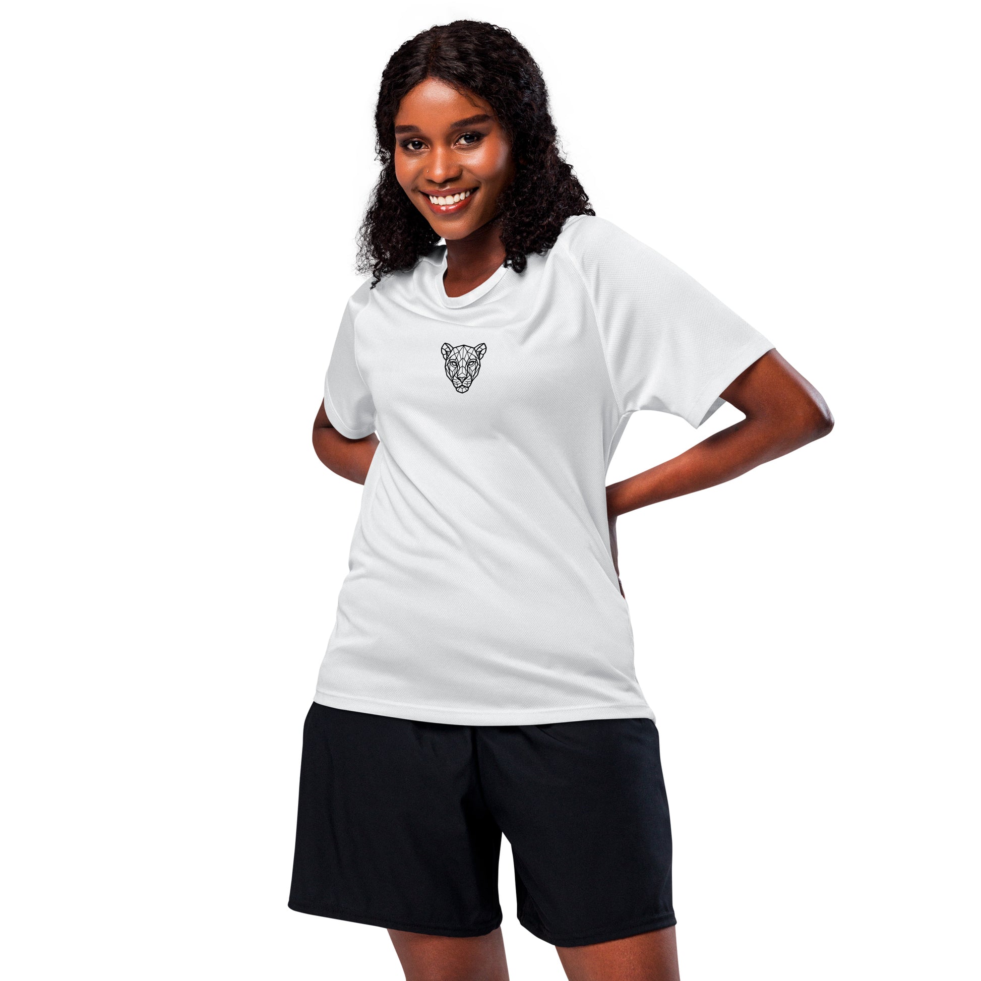 Woman wearing the KING White Geometric Lioness Jersey – front view, minimalist lioness emblem, premium athletic design.