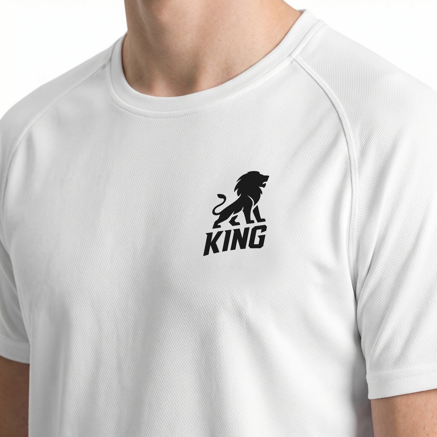 White KING sports jersey with minimal lion chest emblem – close view.