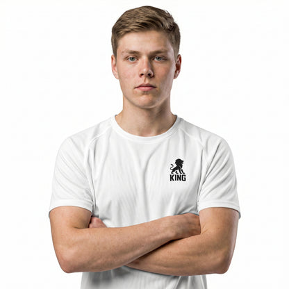 White KING sports jersey with minimal lion chest emblem – model front view.