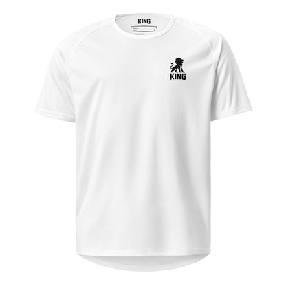 White KING sports jersey with minimal lion chest emblem – flat product mockup front.