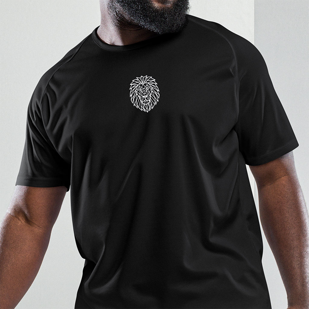 Close-up of the Geometric Lion chest emblem on the KING Sports Tee in Black.