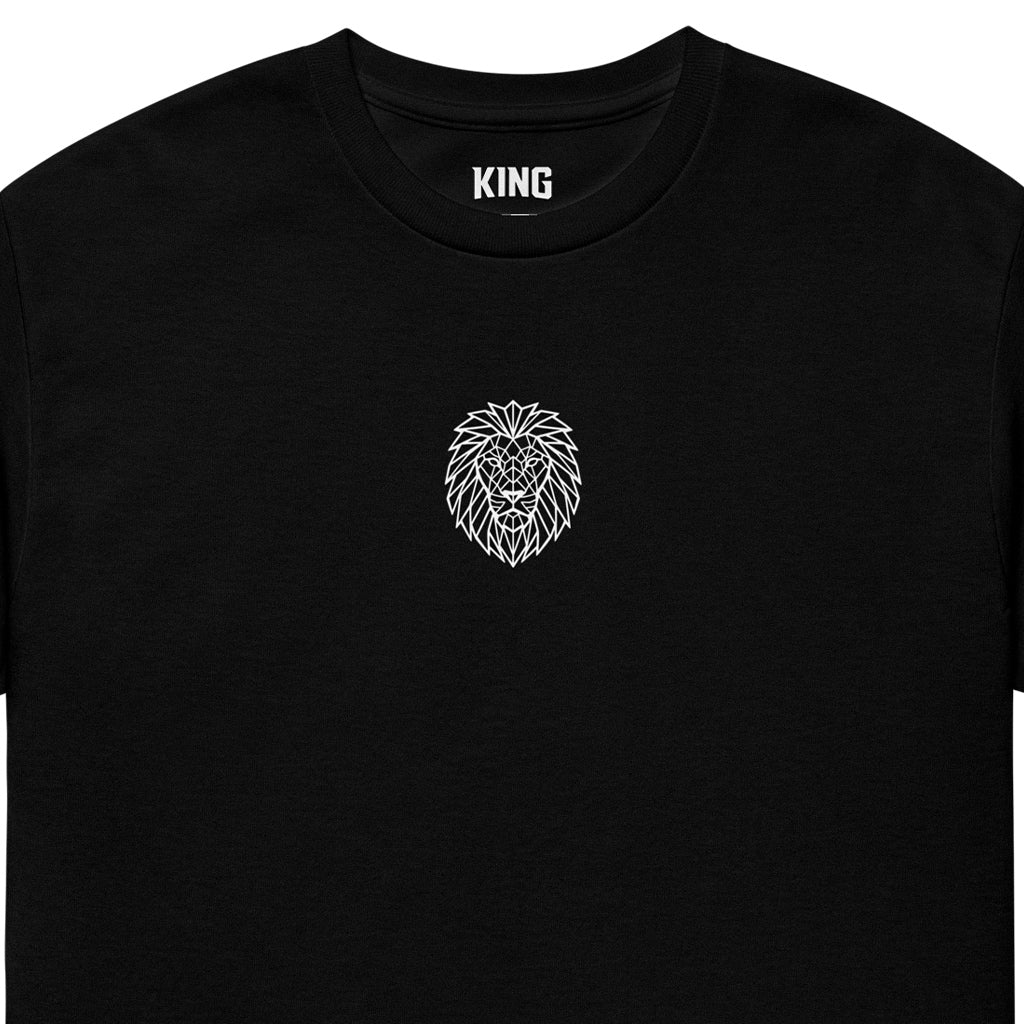 Black KING sports tee with geometric lion emblem – collar and print detail mockup.